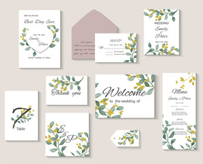 Wedding invitation with leaves eucalyptus, watercolor, isolated on white. Vector Watercolor.