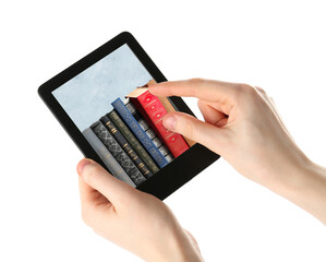 Woman using e-book reader on white background, closeup