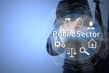 Public Sector concept. Man pointing at virtual screen with different icons on light blue background, closeup