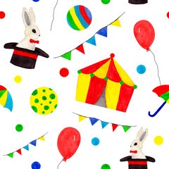Obraz na płótnie Canvas Watercolor kids seamless pattern of circus. Rabbit in a hat, magic, tent. For baby shower, fabric, background, wallpaper