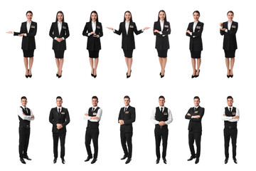 Collage with photos of receptionists on white background