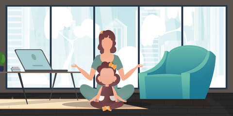 Mom and little daughter are meditating together. Design in cartoon style. Vector.