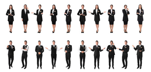 Collage with photos of receptionists on white background. Banner design