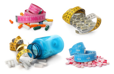 Set with weight loss pills and measuring tapes on white background