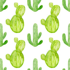 Cute watercolor seamless pattern with different cacti on white background.