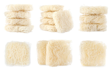 Set with dried rice noodles on white background