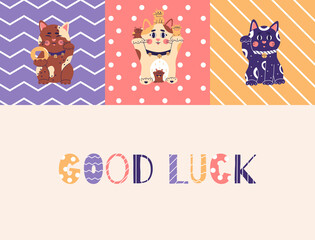 Fototapeta premium Maneki neko good luck banner, japanese lucky cat, fortune symbol. Cute kitty character of oriental flat vector illustration