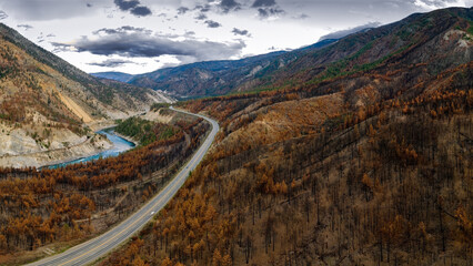 Aerial panorama view of the Thompson River and the Mountains of Scarped Range and, Clear Range in...