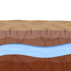 Underground river. Flow of water in earth layer. Ground in cross section. Geological background. Nature and ecology. Flat cartoon illustration