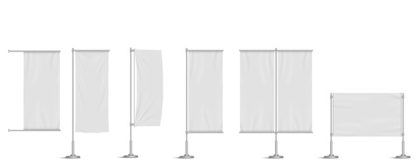 Street banners, ads textile stands on metal poles. Vertical and horizontal vinyl signboards for city advertising. Blank billboards displays isolated on white background Realistic 3d vector mock up set