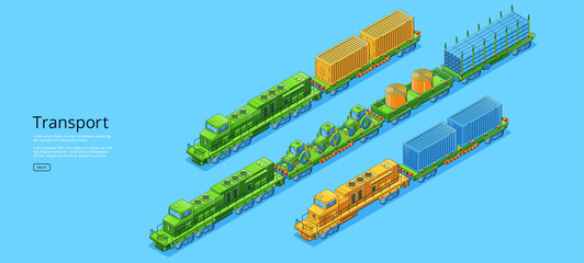 Transport isometric web banner, cargo trains with containers in depot, logistics, railway delivery, transportation service, global shipping distribution, goods export, import 3d vector line art layout