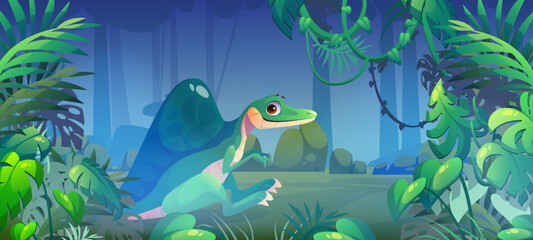 Spinosaurus dinosaur in jungle, dino monster, prehistoric wild animal on tropical forest background with palm tree leaves. Jurassic period ancient creature. Cartoon game personage vector illustration © klyaksun