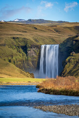 Spectacular skogafoss waterfall and sky long exposure