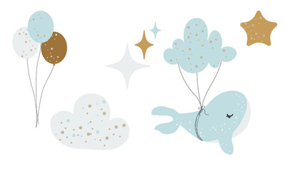 Doodle design elements set whale, balloon, star, shine, moon, houses,  window, pom-poms, clouds. Childish boho clipart. Vector illustration
