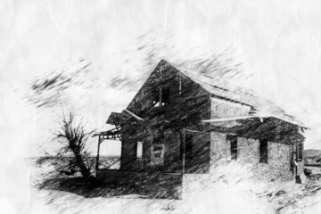 old wooden house in pencil drawing style