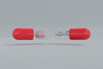 Abstract clear pharmaceutical drug pills capsule, scientific concept. Medicine and research on brain and DNA molecule helix structure inside pill technology, on white isolated background 3D rendering.