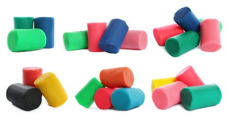 Set with different colorful play dough on white background