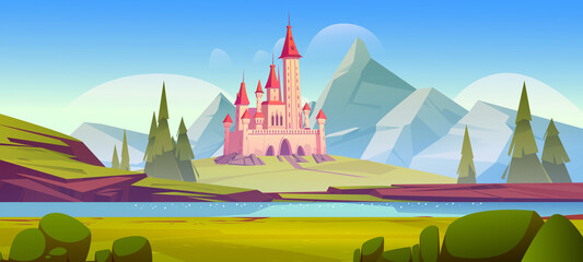 Fairy tale castle in mountain valley with river and coniferous trees. Vector cartoon illustration of summer landscape with rocks, water stream, green grass and royal palace with towers © klyaksun