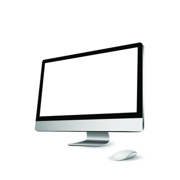 Monitor with white display, computer mouse - side view. Vector.
