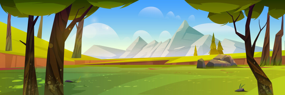 Cartoon nature landscape with mountains, green field, rocks and trees. Summer forest under blue sky with clouds, scenery view tranquil 2d game background, beautiful woodland, Vector illustration