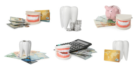 Set with educational dental models and money on white background, banner design. Expensive teeth treatment