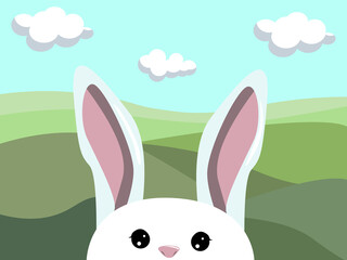 The muzzle of a cute white rabbit against the background of green fields and a blue sky with white clouds.