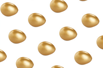 Set with shiny golden eggs on white background