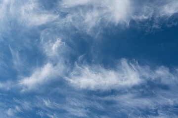 daytime blue sky with wind scattered white cirrus clouds as a natural backdrop