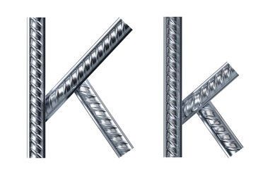 Letter k. font from construction rebar. 3D render