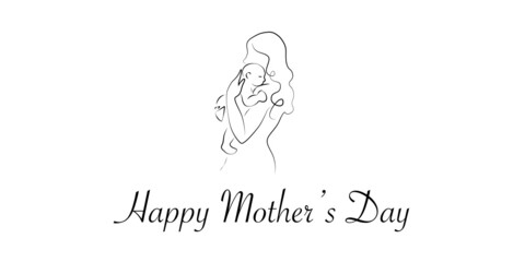 Abstract mother with a child in continuous one line drawing art style. Mother`s Day card. Woman hugging her baby. Happy motherhood concept. Modern vector illustration