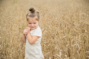 Portrait a little girl walks in a wheat field