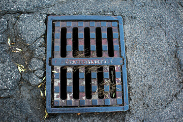 Cast iron grate over the drain. Cast iron grating over the drainage channel. Storm water drain...