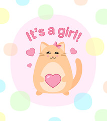 It's a girl. Baby shower party. Gender of a child. Pregnancy announcement. Expecting a baby. Happy pregnant mother. Cartoon cat. Greeting card or print design. Pink heart. Kawaii