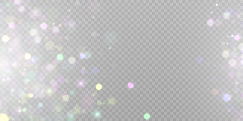 Sparkling glare light effects with colorful shimmer. Beautiful lens flare effect with bokeh, glittery particles and rays. Shining abstract background. Vector illustration - obrazy, fototapety, plakaty
