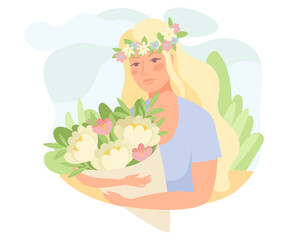 Blond Woman with Floral Wreath on Head Holding Flower Bouquet Vector Illustration