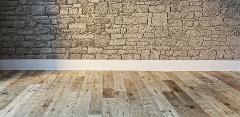 bright empty interior design, stone wall. 3D illustration