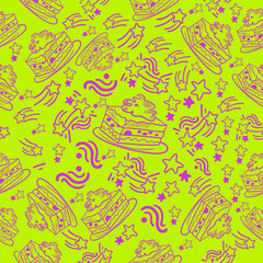 Fototapeta premium Cute seamless pattern on a green background with a delicious cake and cute stars. Hand drawn delicious cake and stars. Texture for scrapbooking, wrapping paper, invitations.