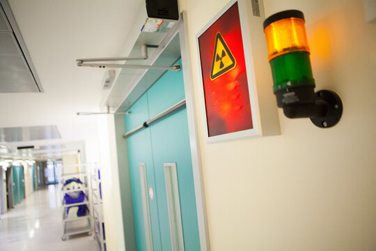 Radiation signage in a proton therapy center.