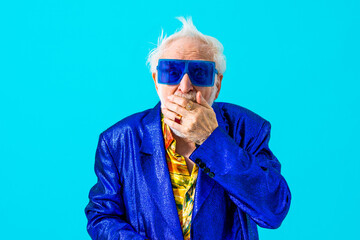Cool senior man with fashionable outfit portrait - Funny old male person with cool and playful...