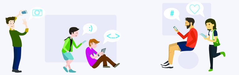 Fototapeta premium Young People use Smartphones, Chatting, making Selfie and listening Music. Happy Boys and Girls talking and typing on Phone. Female and Male Characters collection. Flat Cartoon Vector Illustration. 