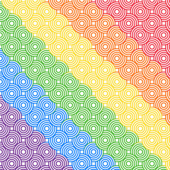 Abstract rainbow colored concentric circles seamless vector pattern. Japanese style circles background. Overlap circle. For fabric, covers, tiles. Vector illustration.