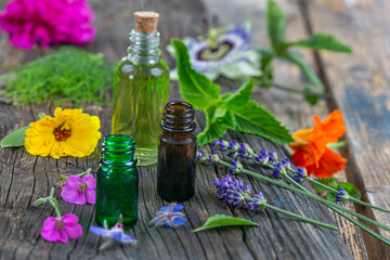Obraz na płótnie Canvas Bottles of essential oils surrounded by multicolored medicinal plants.
