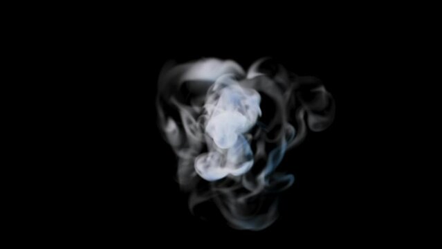 A jet of bluish smoke expands very slowly in the middle of a black screen. The smoke spreads.