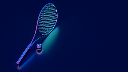Tennis racket and ball 3d render in lef with place for text