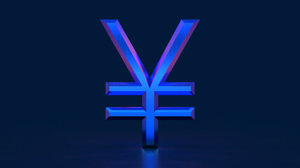 3d render Yen symbol in cyberpunk style shiny purple on a blue background money currency exchange