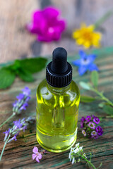 Close up of an essential oil bottle surrounded by medicinal plants.