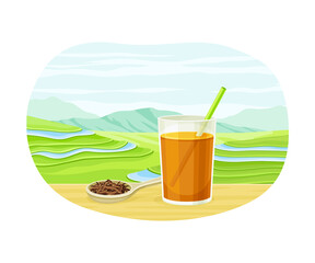 Tea Green Terrace Field Plantation and Glass with Hot Aromatic Beverage Brewing Vector Illustration