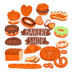 Bakery shop poster with various flour products drawn in cartoon.Baguette, bread, rolls, bagels, donuts, croissant, cookies, eclairs and hand lettered text.Realistic vector isolated illustration.