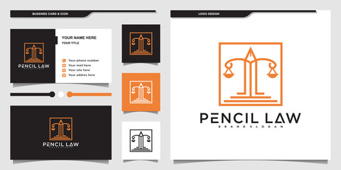 Law firm abstract with pencil logo design with creative line art style  and business card Premium Vector
