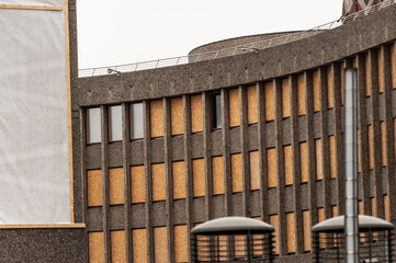 Oslo, Norway - July 22 2012: Boarded up windows at Regjeringskvartalet after the 2011 bombing.